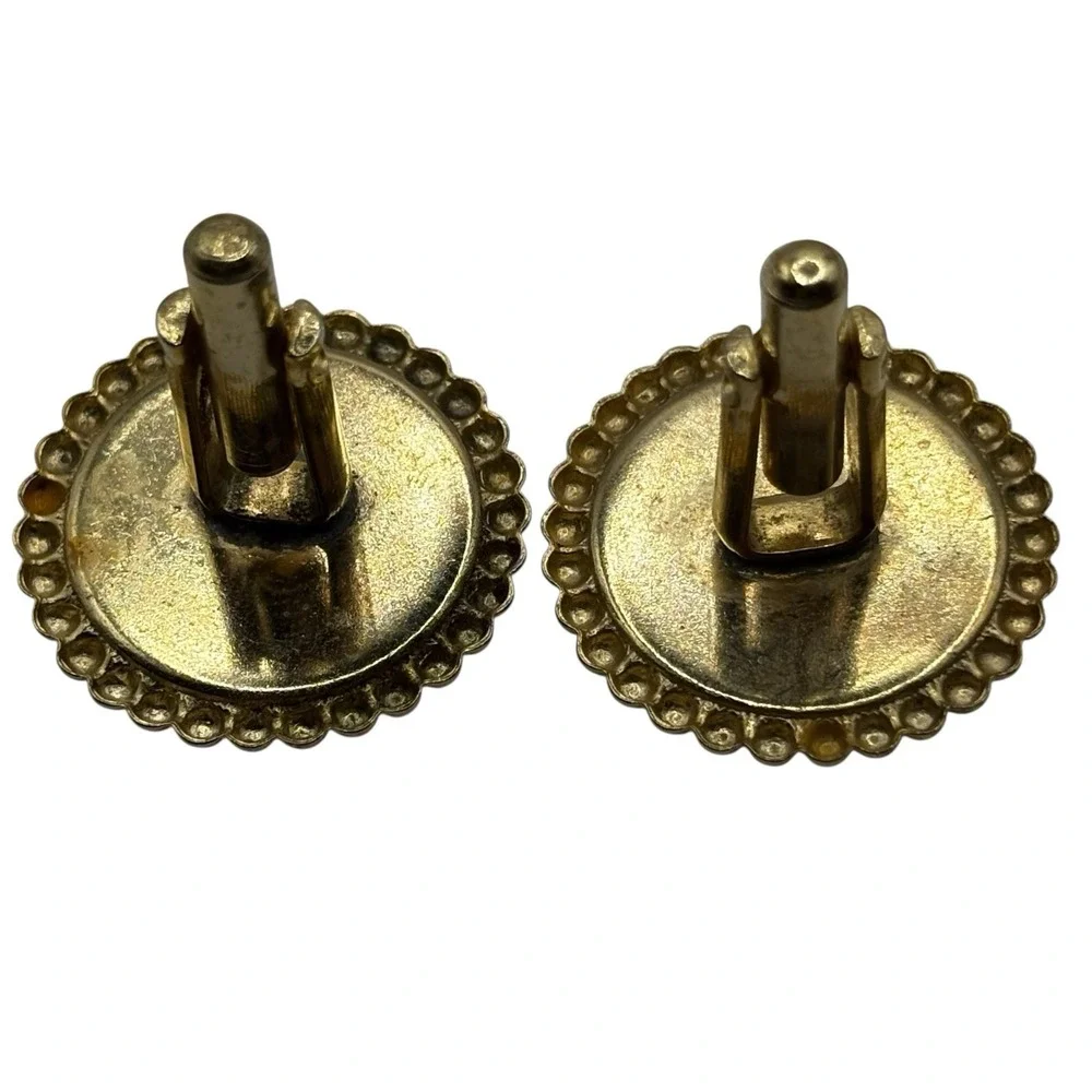 Fleur De Lis Cufflinks Vintage Black Enamel Round Ball‎ Metal Edges Gold Tone